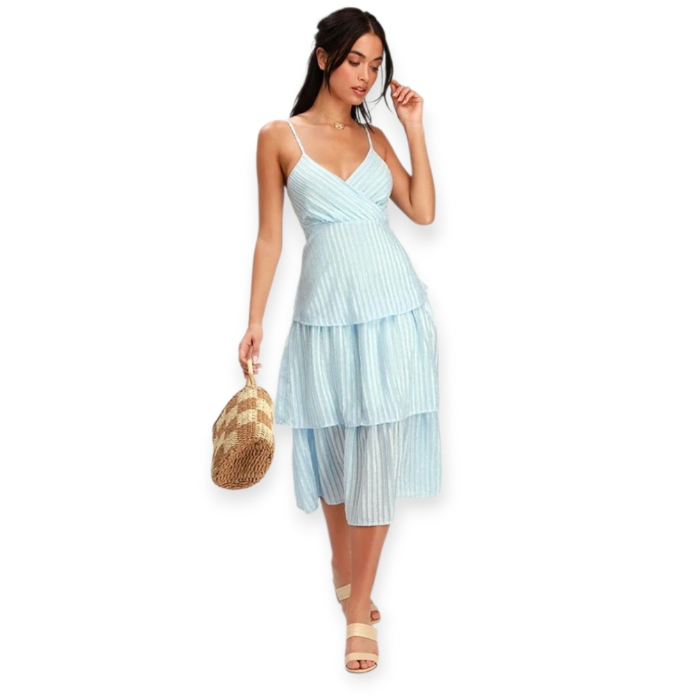 Lulus Blaine Light Blue Coastal Cowgirl Tiered Midi V-Neck A-Line Party Dress, M